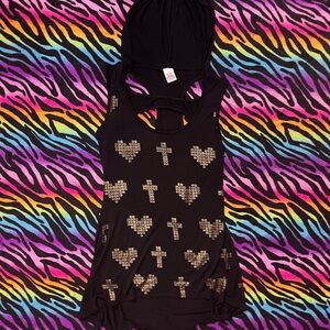Black Tank Top with Gold Heart and Cross Design